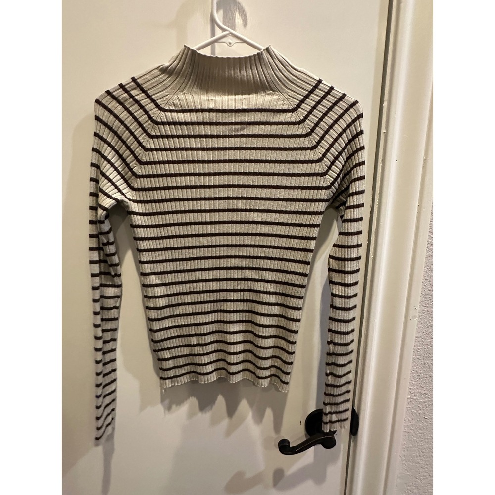 Hooked Up Womens Mock Neck Ribbed Knit Striped Sweater Cream Brown Small - Picture 5 of 6